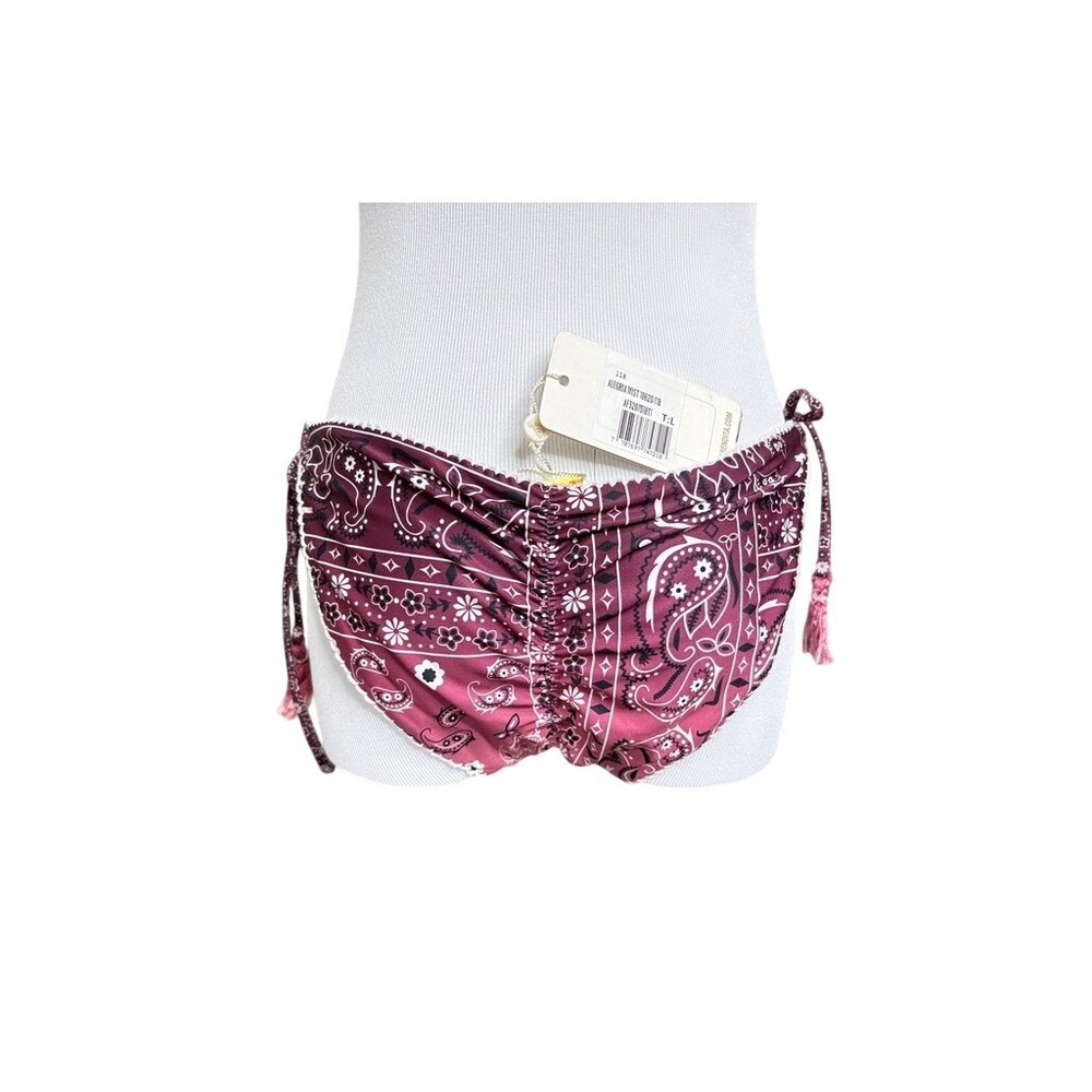 Agua Bendita Alegria Mist Bikini Swim Bottom LARGE Burgandy Bandana Embroidered